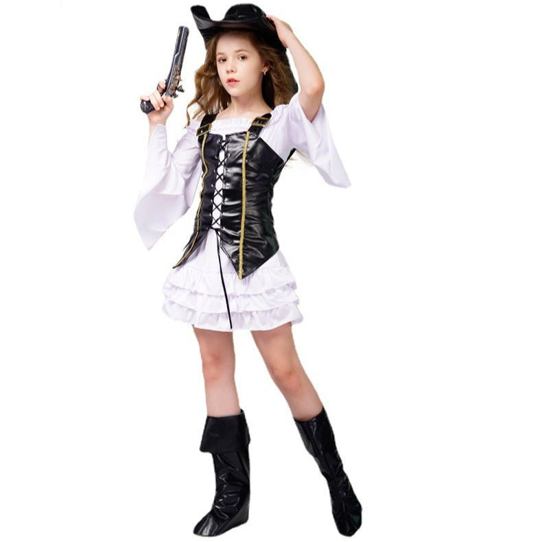 Girls Pirate Cosplay Costume Set with Hat and Dress for Halloween Dress Party