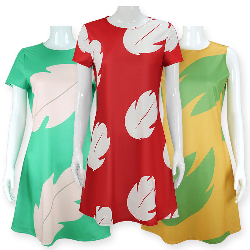Girls Red Princess Leaf Lilo Dress Short Sleeve Hawaiian Costume for Girls Birthday Outfit Halloween Party Wear