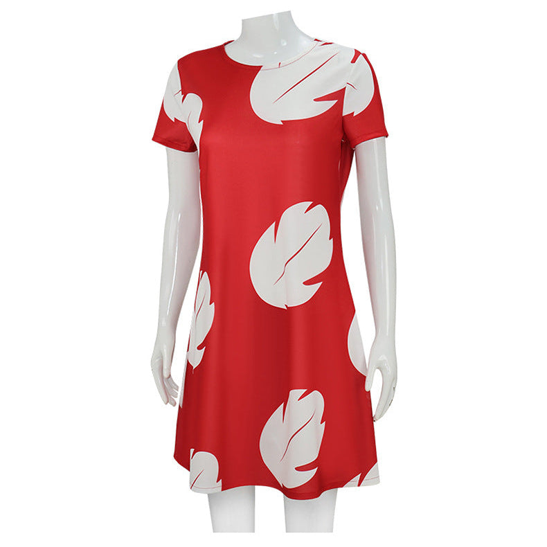 Girls Red Princess Leaf Lilo Dress Short Sleeve Hawaiian Costume for Girls Birthday Outfit Halloween Party Wear