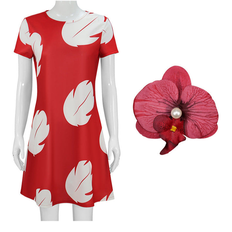 Girls Red Princess Leaf Lilo Dress Short Sleeve Hawaiian Costume for Girls Birthday Outfit Halloween Party Wear