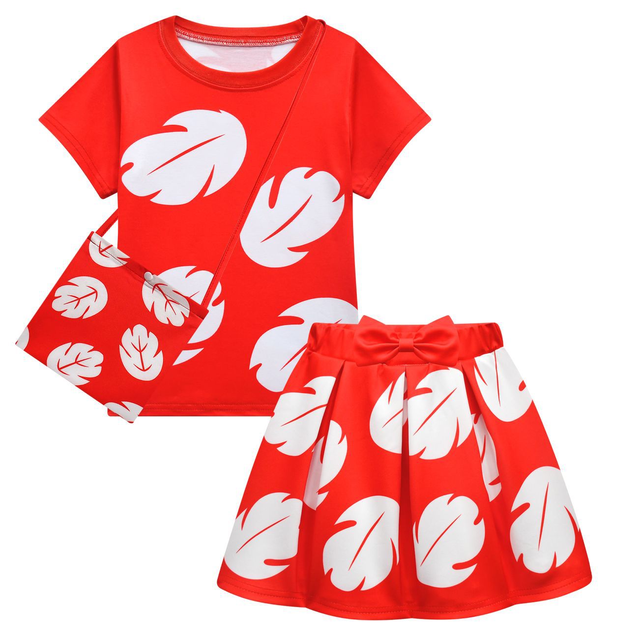 Lilo Pelekai Kostüm für Mädchen, Red Leaf Hawaii-T-Shirt und Rock mit Tasche