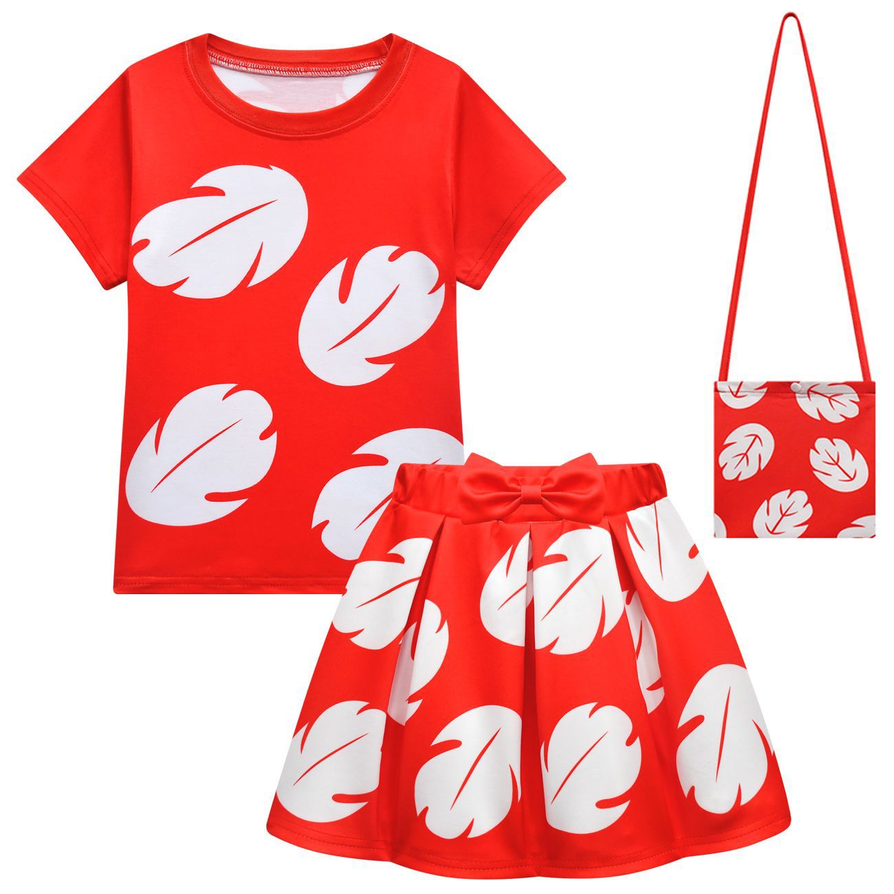 Lilo Pelekai Kostüm für Mädchen, Red Leaf Hawaii-T-Shirt und Rock mit Tasche