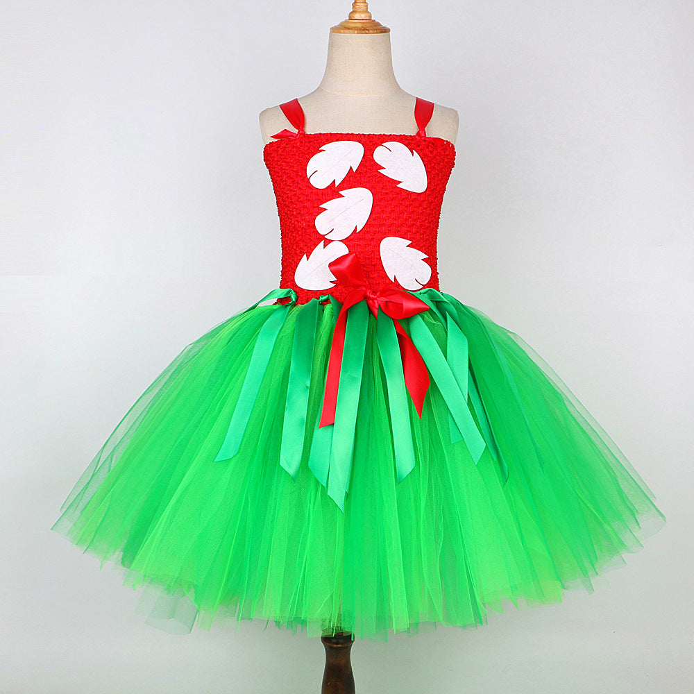 Mädchen Sommer Hawaii Rot Grün Tutu Kleid mit Tropischem Farnblatt Stirnband Geburtstag Party Geschenke