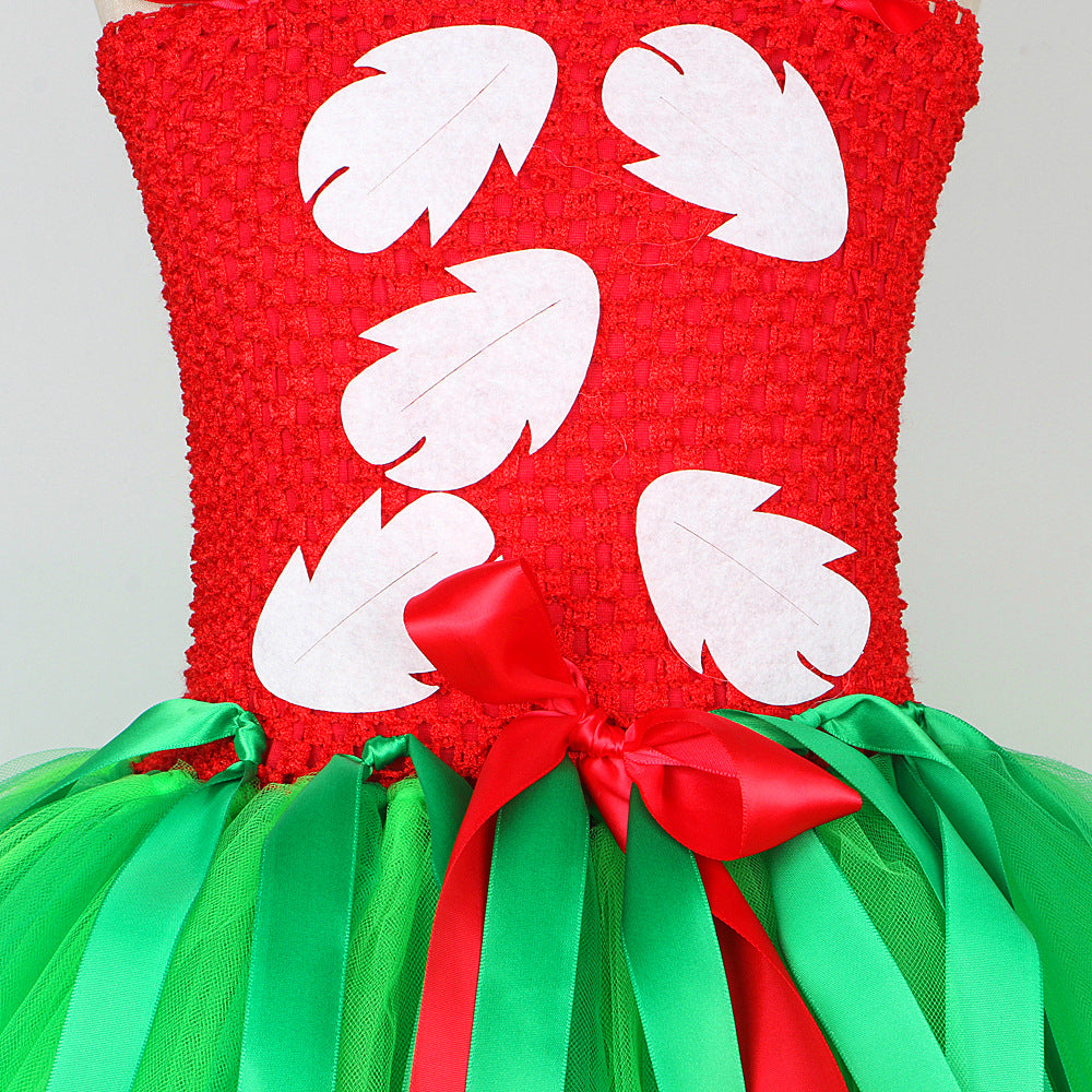Girls Summer Hawaiian Red Green Tutu Dress with Tropical Fern Leaf Headband Birthday Party Gifts