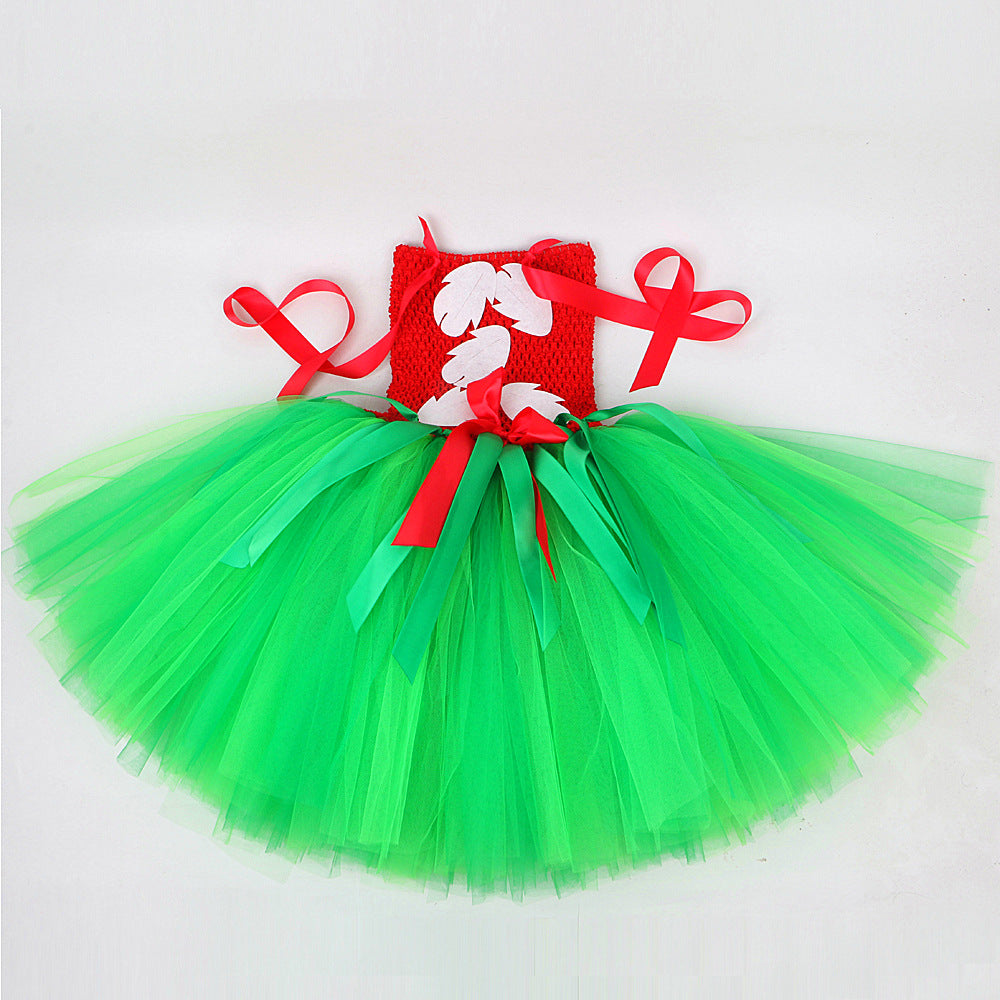 Girls Summer Hawaiian Red Green Tutu Dress with Tropical Fern Leaf Headband Birthday Party Gifts