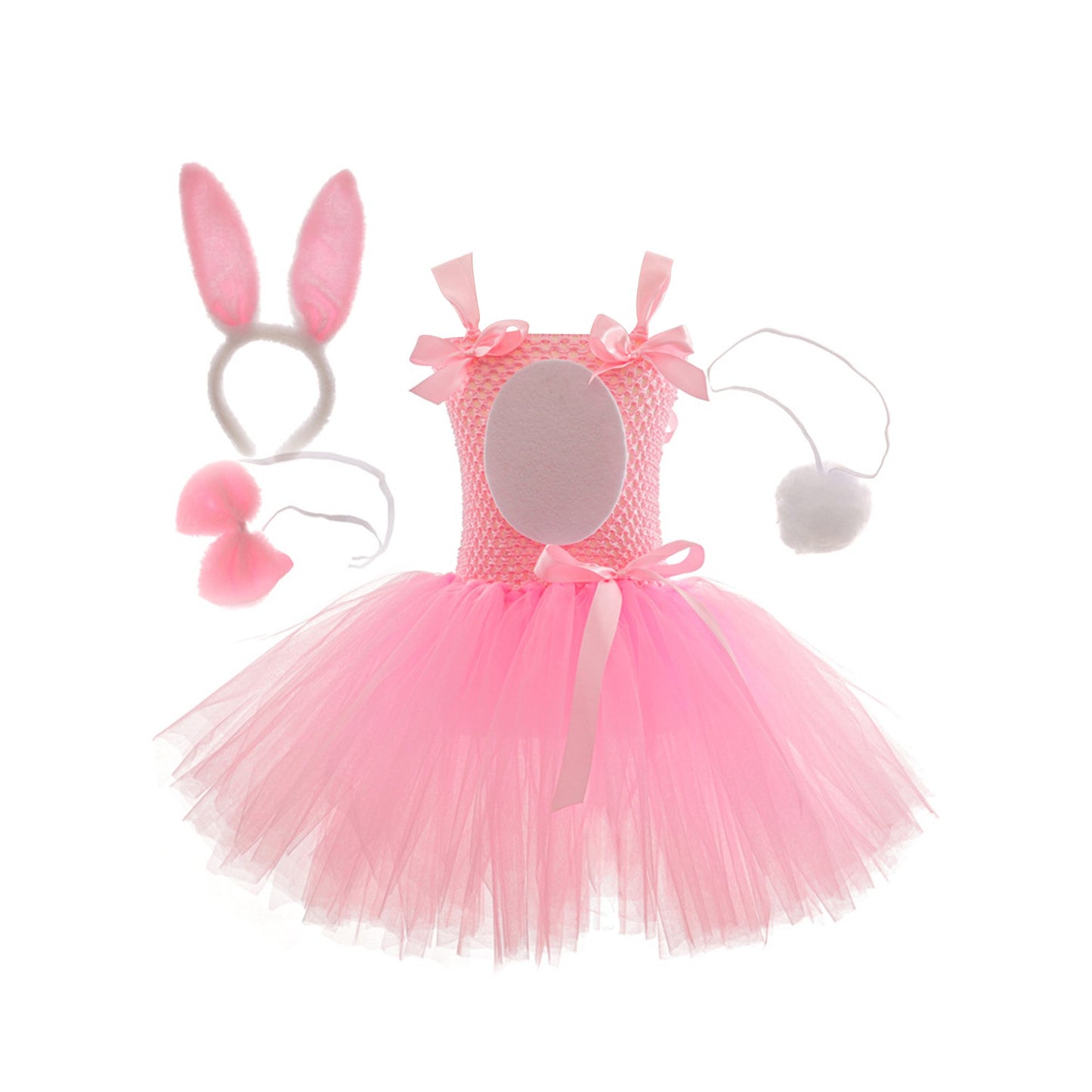 Sprifallbaby Osterhasen-Kostüm für Kinder, Mädchen, Tüll-Patchwork-Unterkleid, Stirnband, Halsband, Schwanz, für 1–12 Jahre