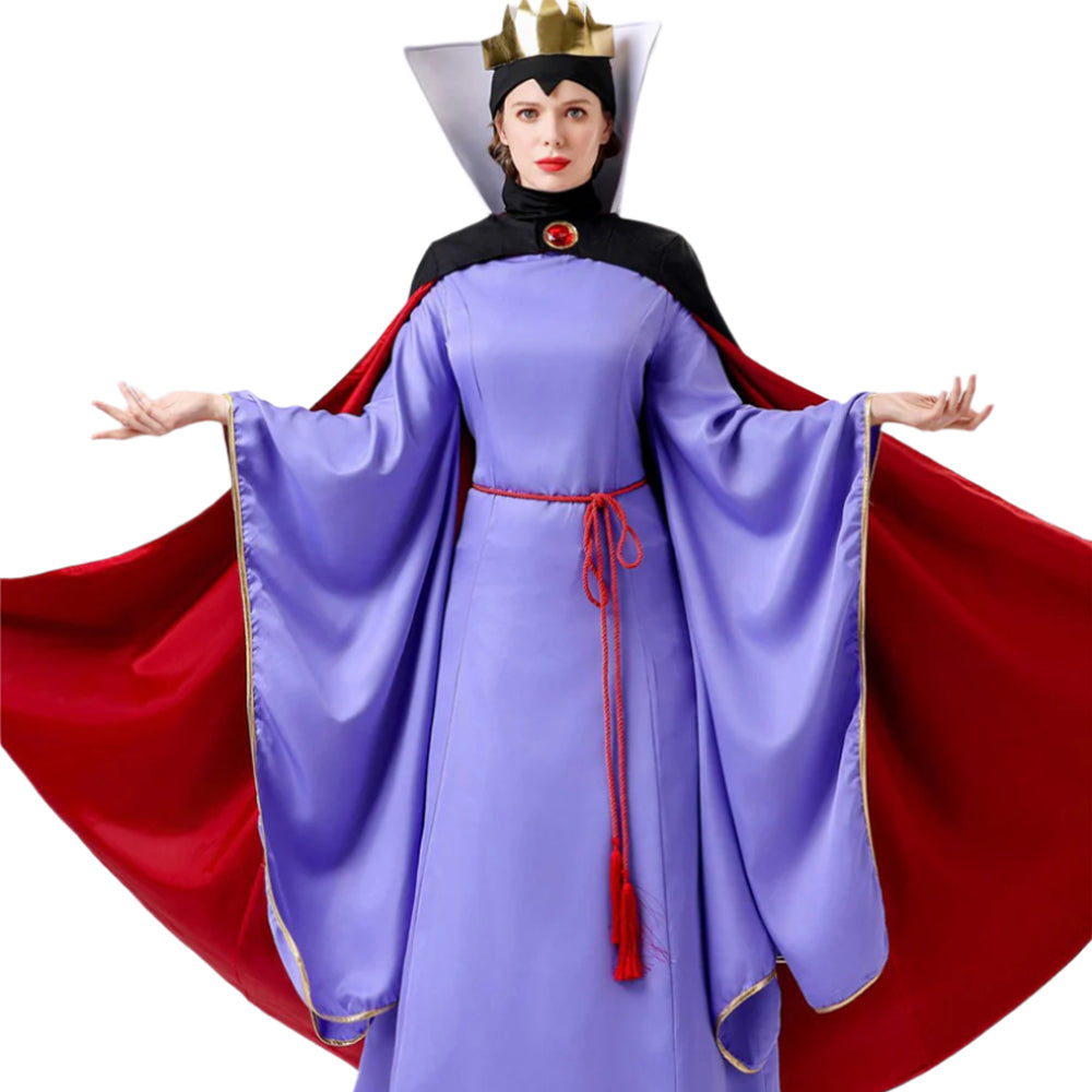 Women Queen Costume Purple Dress with Black Cape and Crown Full Set for Themed Party