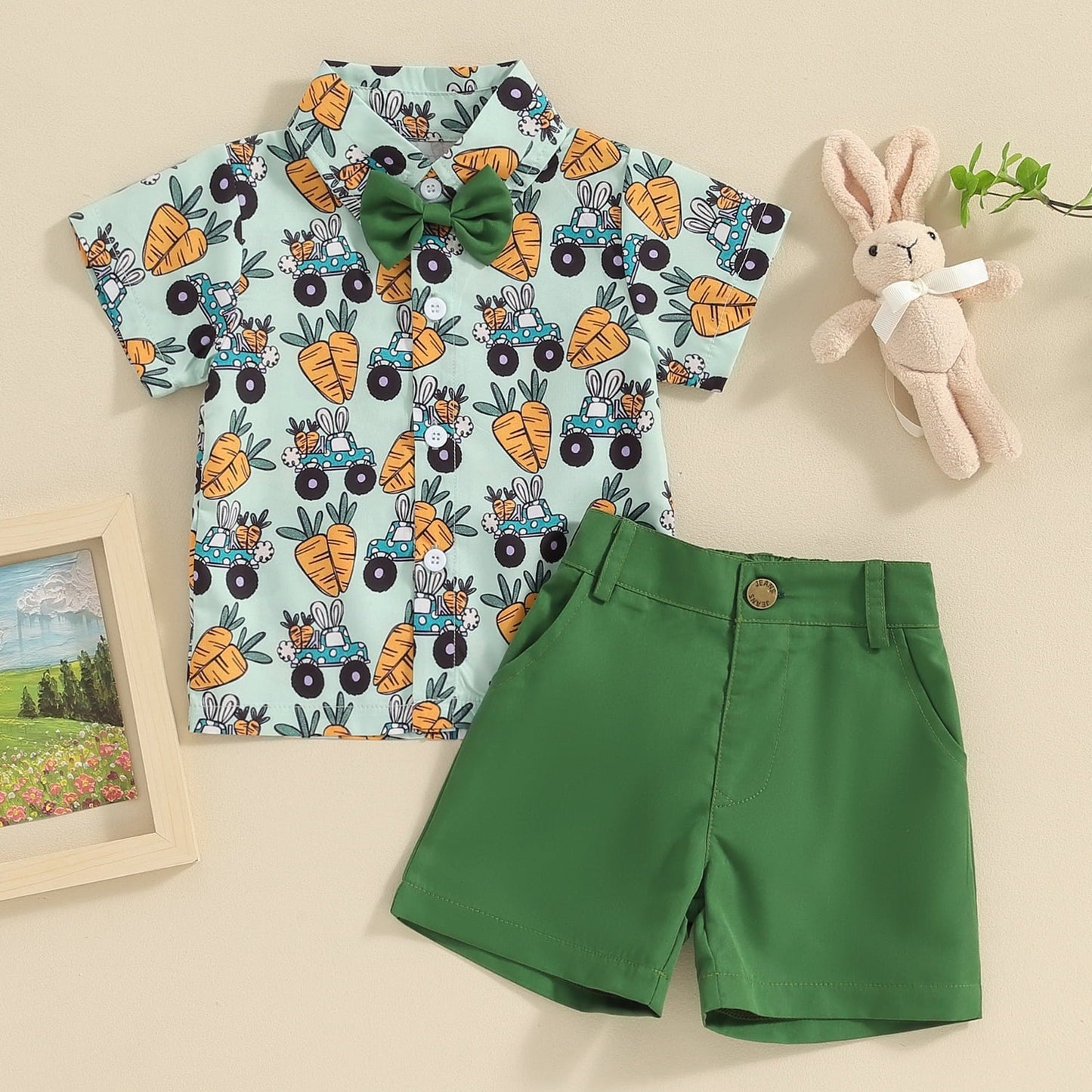 Weiches Osteroutfit für Kleinkinder – Hemd mit Fliege und Shorts mit Kaninchen-Print