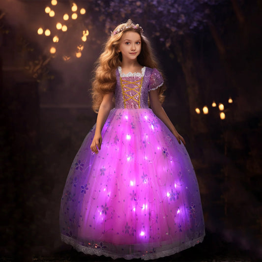 Princess Rapunzel Dress Girls Light Up Dress Puff Sleeve Party Dress Ball Gown