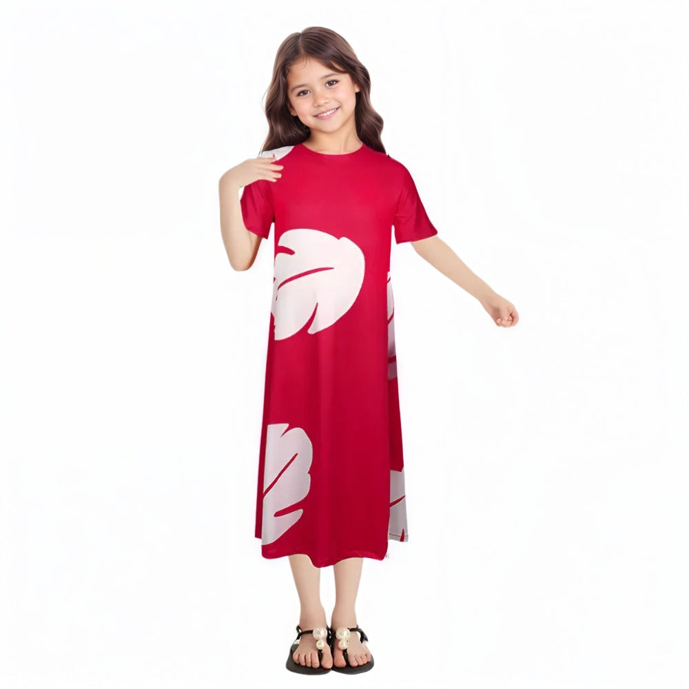 Girls Red Princess Leaf Lilo Dress Short Sleeve Hawaiian Costume for Girls Birthday Outfit Halloween Party Wear