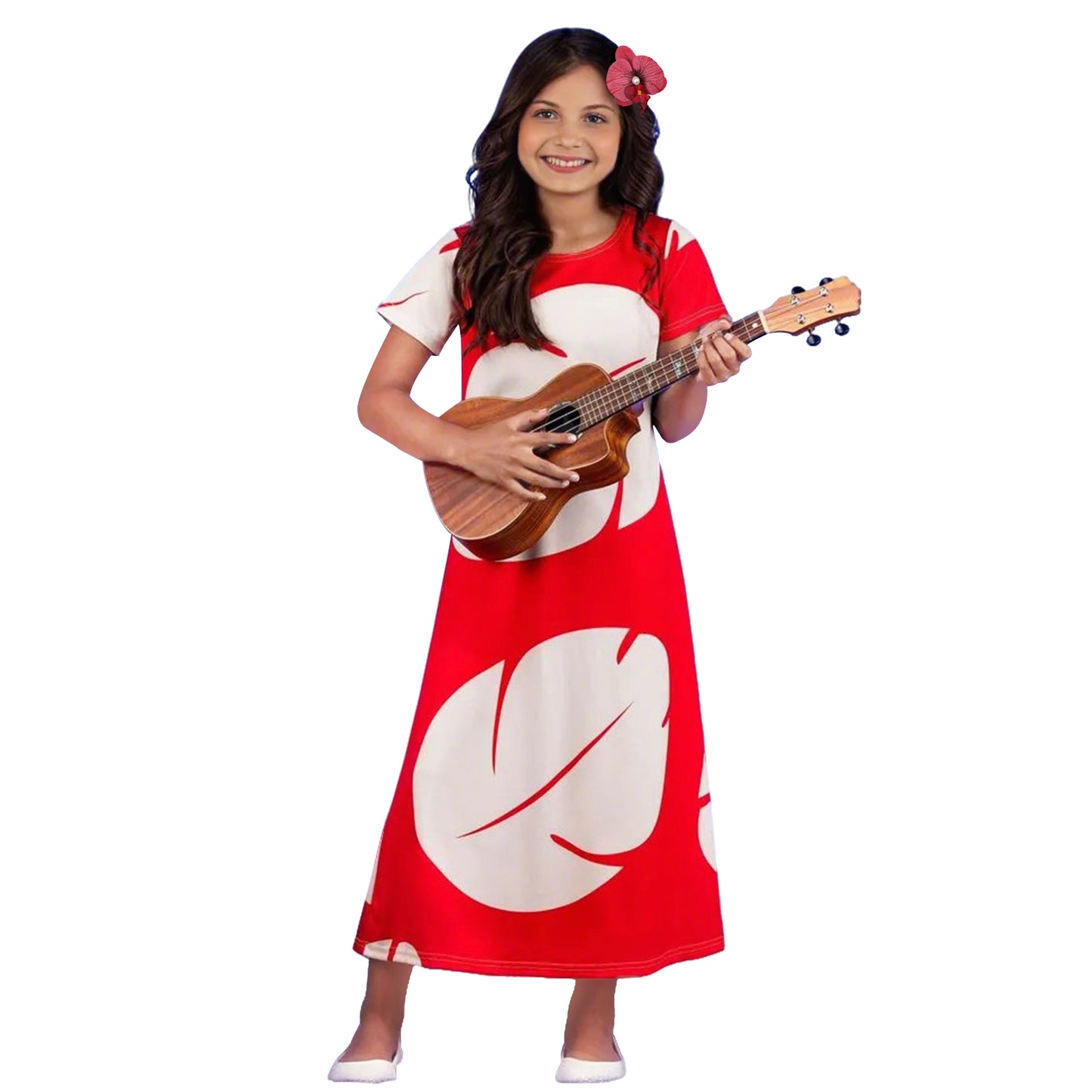 Girls Red Princess Leaf Lilo Dress Short Sleeve Hawaiian Costume for Girls Birthday Outfit Halloween Party Wear