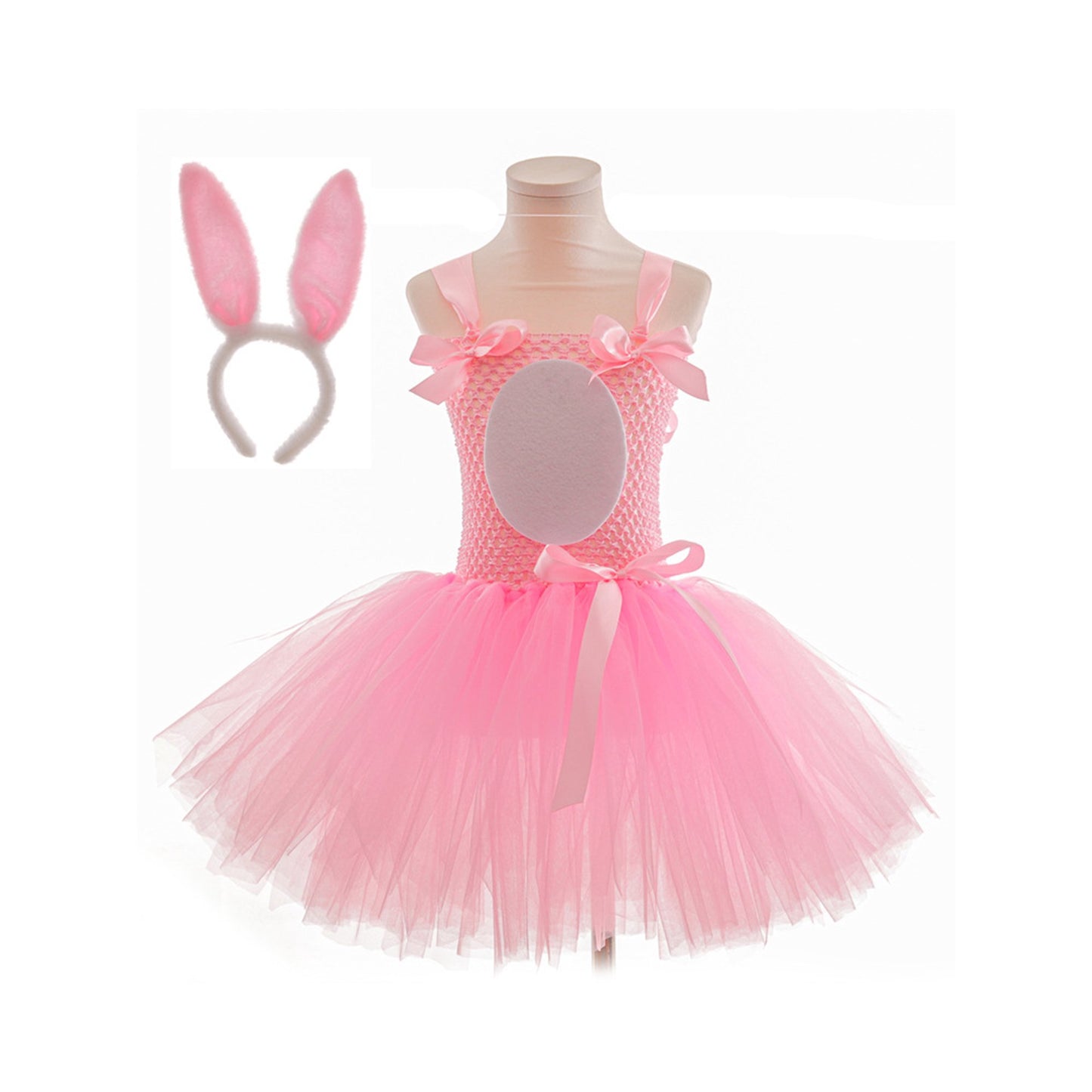 Sprifallbaby Osterhasen-Kostüm für Kinder, Mädchen, Tüll-Patchwork-Unterkleid, Stirnband, Halsband, Schwanz, für 1–12 Jahre