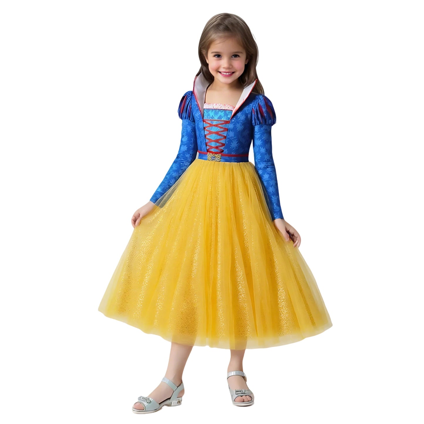 Kinder Prinzessinnenkleid Puff Langarm Ballkleid Kleid mit Krone für Cosplay