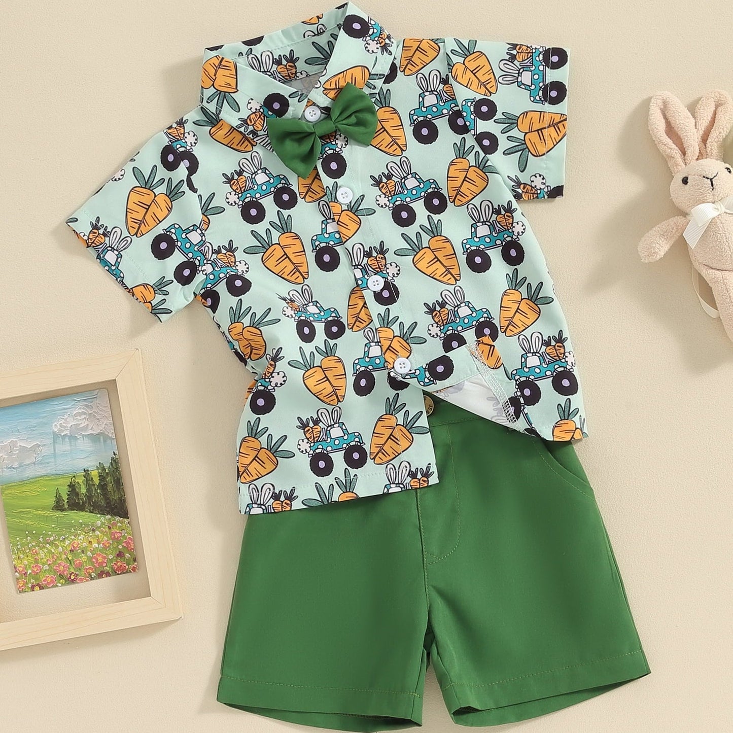 Weiches Osteroutfit für Kleinkinder – Hemd mit Fliege und Shorts mit Kaninchen-Print