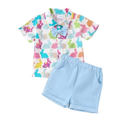 Oster-Shorts-Sets für Jungen, kurzärmliges Revers-Oberteil mit Hasen-Print und einfarbige Shorts