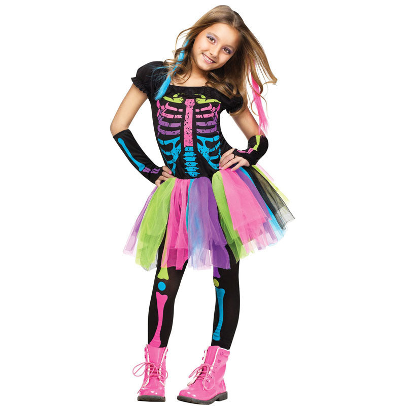 Fun World Funky Punky Bones Skelett Mädchen Halloween Kostüm für Kinder