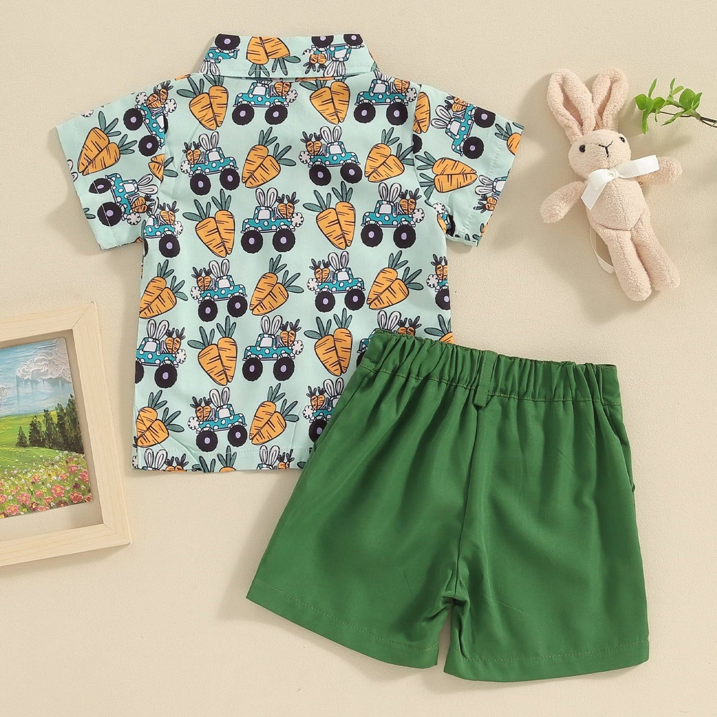 Weiches Osteroutfit für Kleinkinder – Hemd mit Fliege und Shorts mit Kaninchen-Print