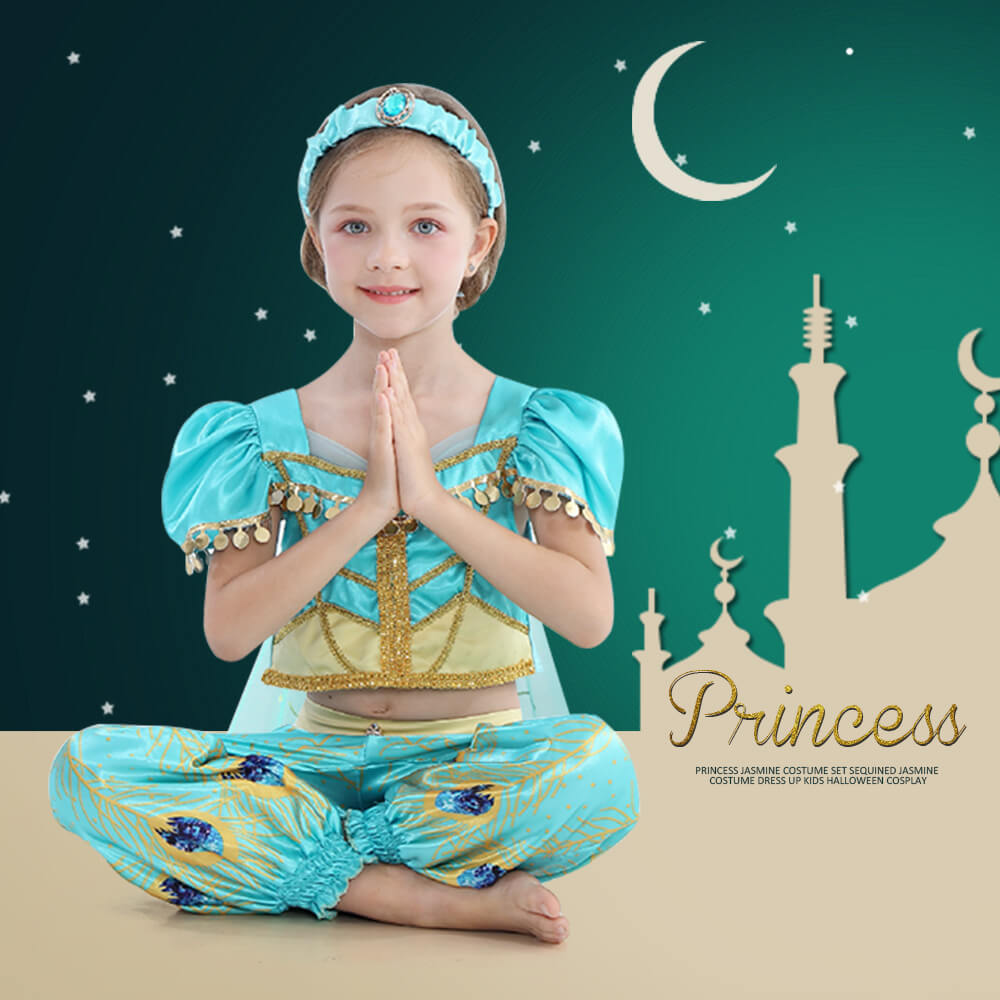 Kids Princess Jasmine Costume Halloween 4-pieces Full Set Cosplay Dress