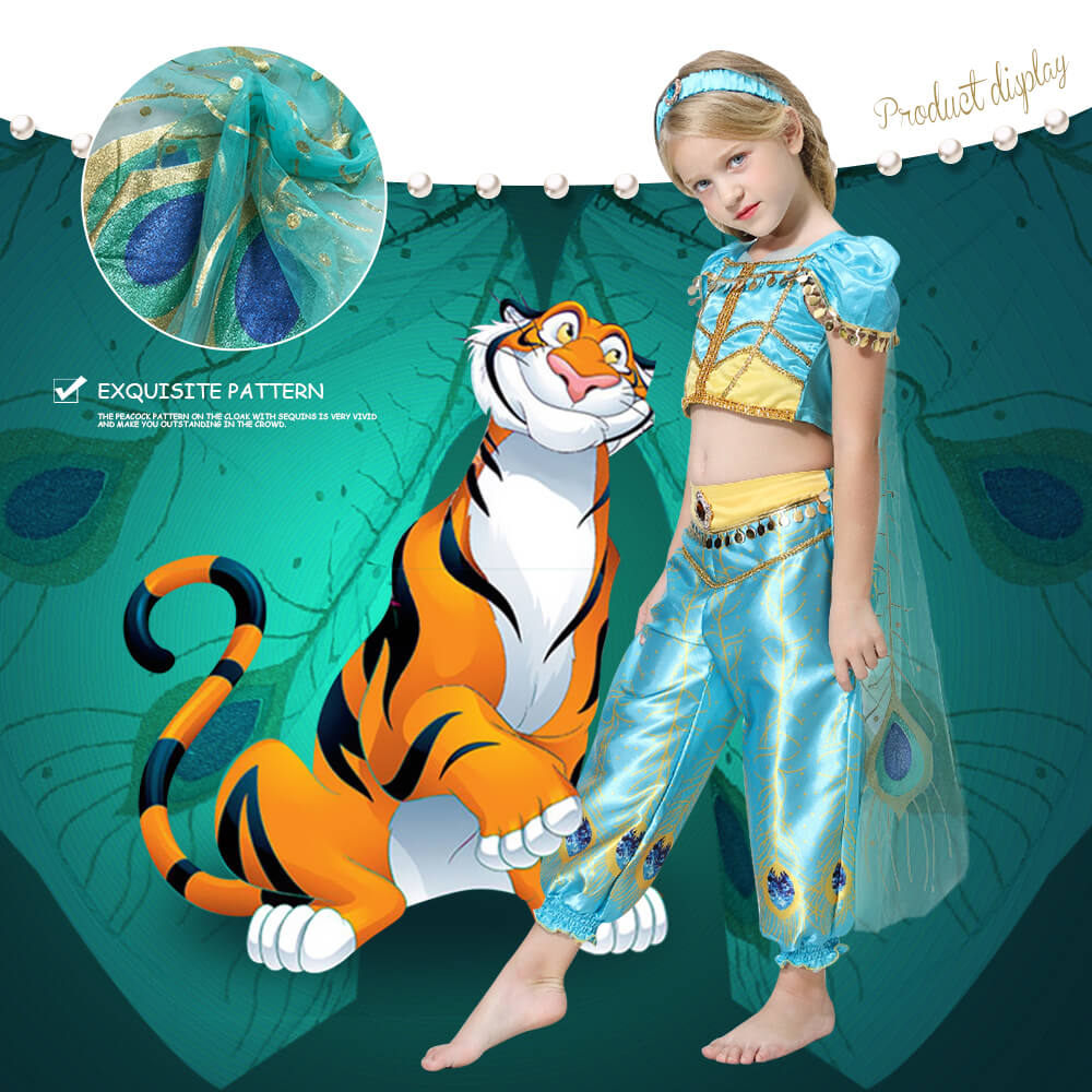 Kids Princess Jasmine Costume Halloween 4-pieces Full Set Cosplay Dress