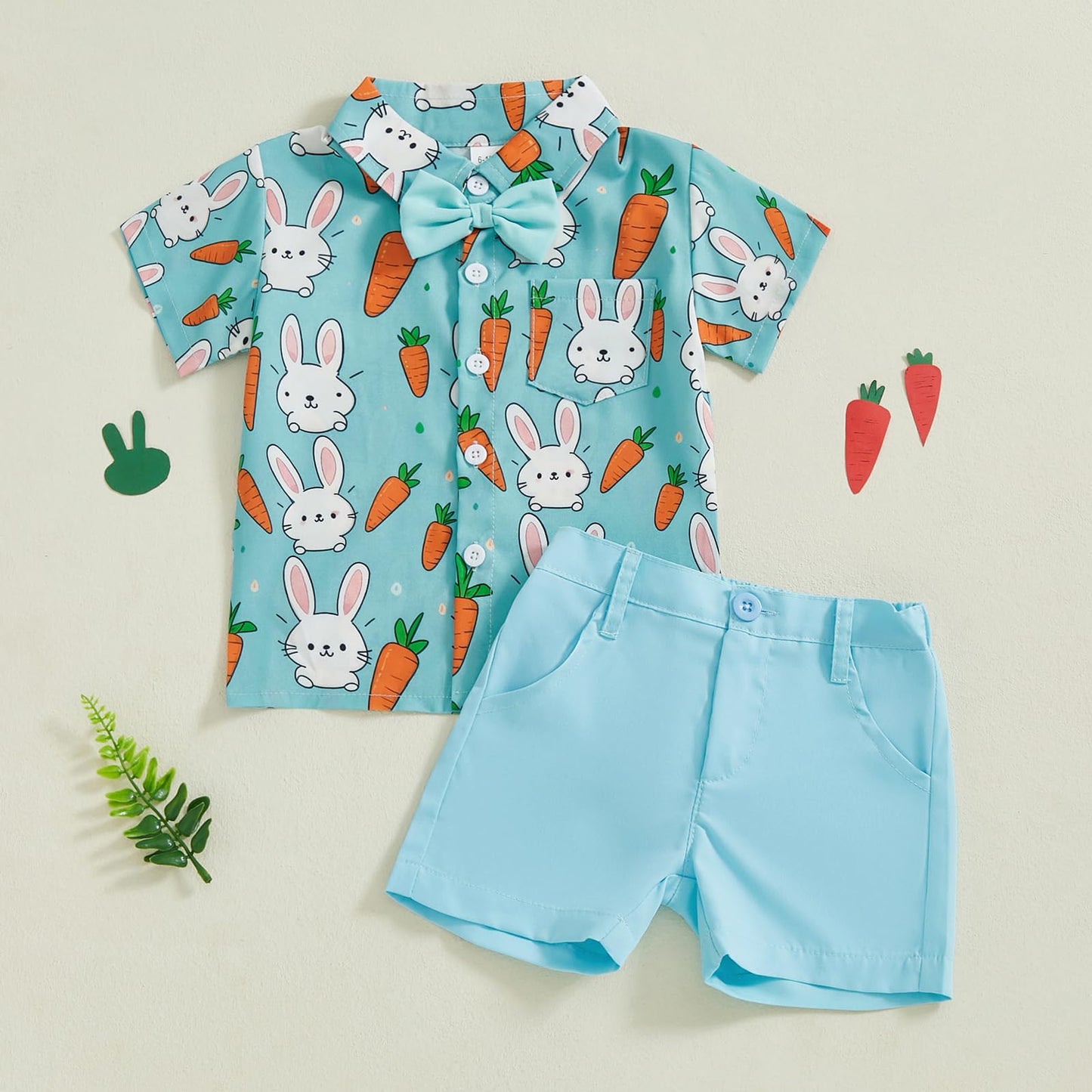 Baby Junge Ostern Outfit Bunny Print Kurzarm Button-up Fliege Hemd Shorts Set Kleinkind Junge Sommer Kleidung