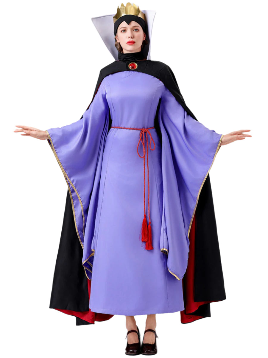 Women Queen Costume Purple Dress with Black Cape and Crown Full Set for Themed Party