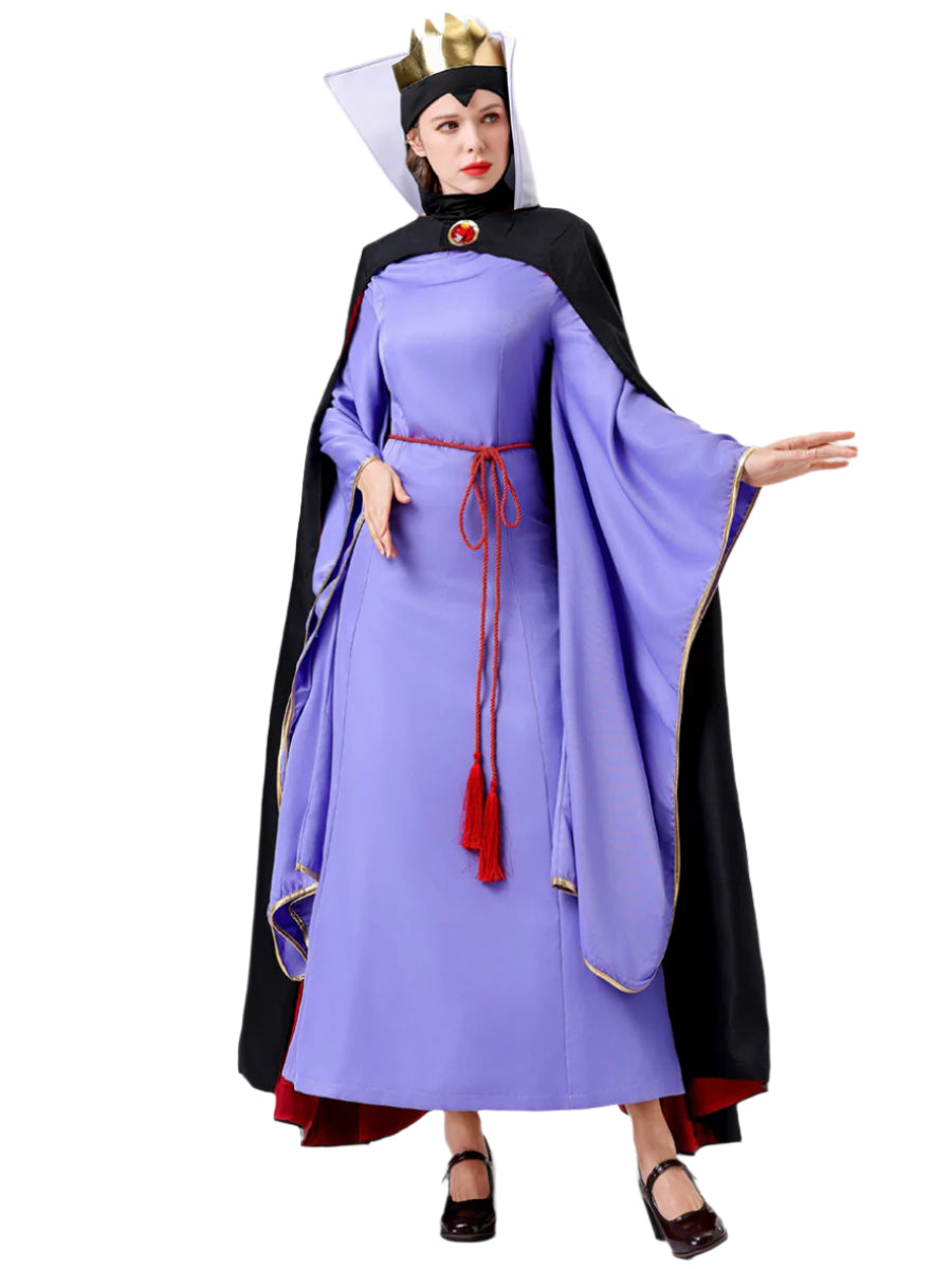 Women Queen Costume Purple Dress with Black Cape and Crown Full Set for Themed Party