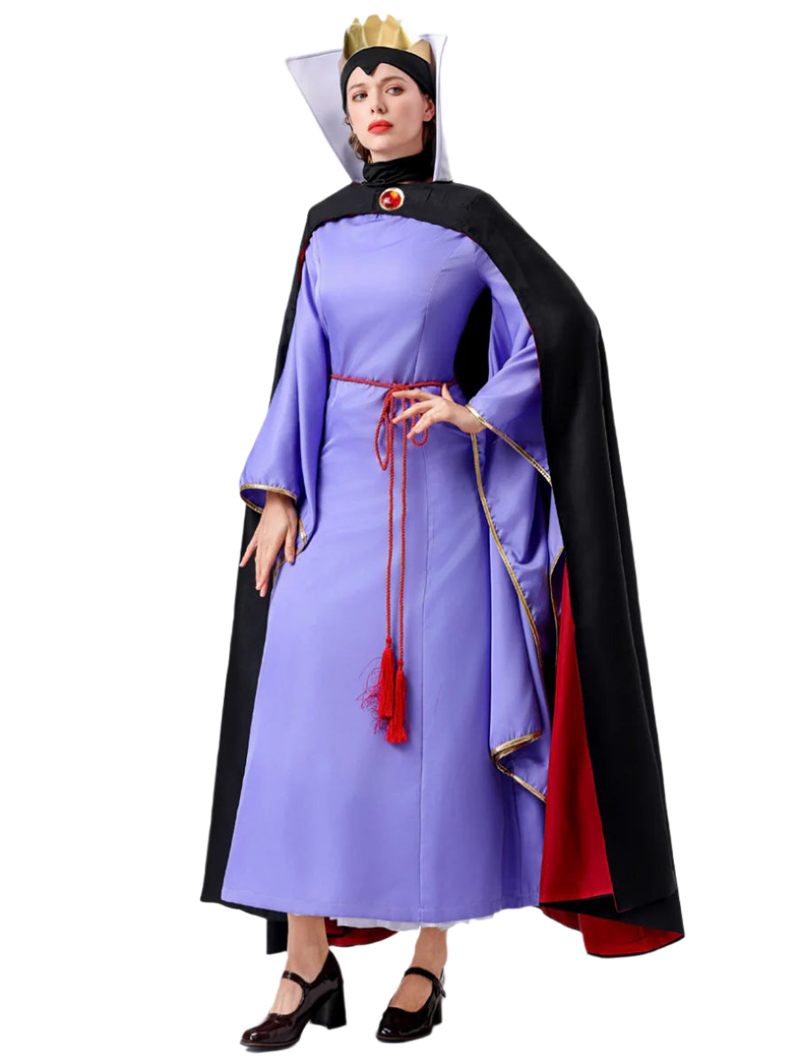 Women Queen Costume Purple Dress with Black Cape and Crown Full Set for Themed Party