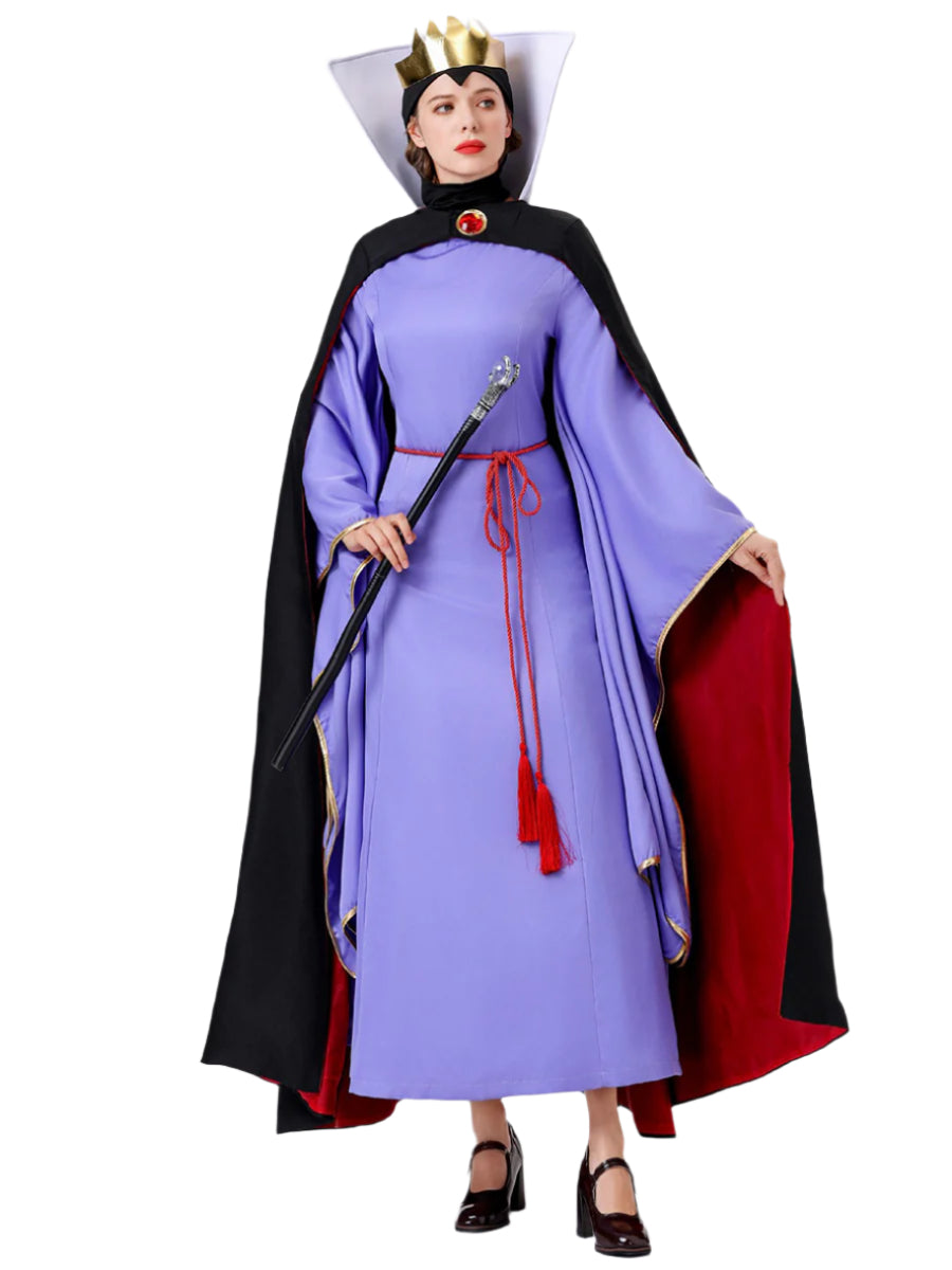 Women Queen Costume Purple Dress with Black Cape and Crown Full Set for Themed Party