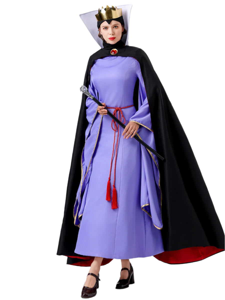 Women Queen Costume Purple Dress with Black Cape and Crown Full Set for Themed Party