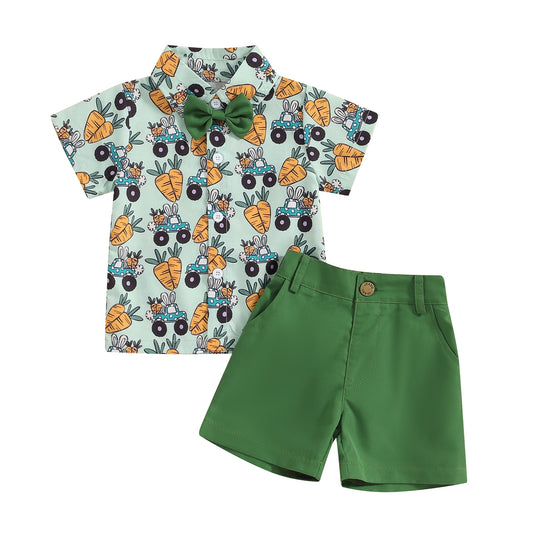 Weiches Osteroutfit für Kleinkinder – Hemd mit Fliege und Shorts mit Kaninchen-Print