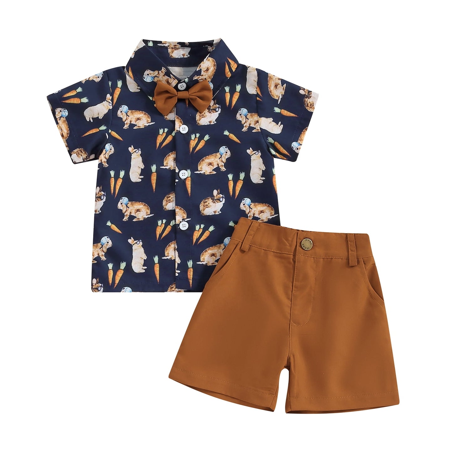 Weiches Osteroutfit für Kleinkinder – Hemd mit Fliege und Shorts mit Kaninchen-Print