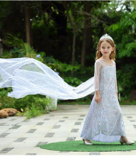 Snow Queen Princess Costume Girls Sequins Dress With Shining Long Cape Cosplay Clothes
