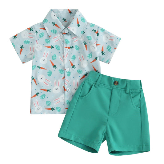 Kleinkind Baby Junge Ostern Outfit Hase Kurzarm Button Down Hemd Top Solide Shorts Sommer Kleidung Set