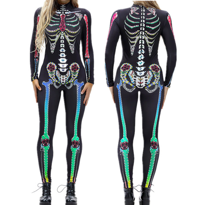 Damen Einteiliger figurbetonter Overall mit 3D-Skelett-Print für Halloween, Cosplay