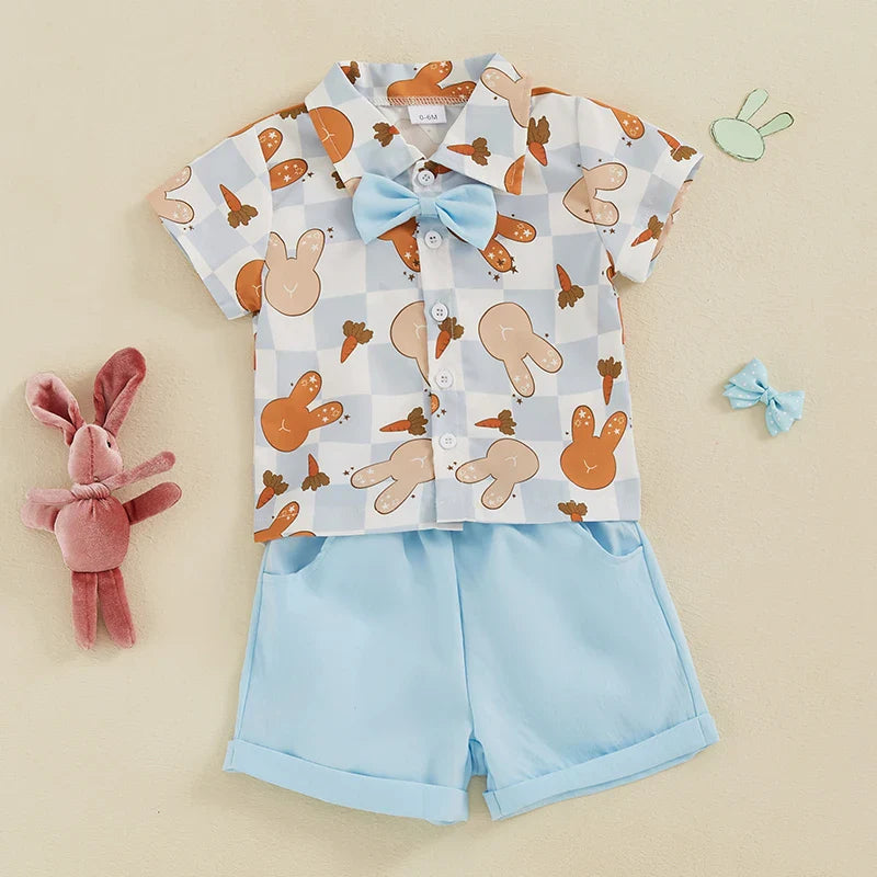 2-teiliges Oster-Outfit für Babys und Kleinkinder, Jungen, kurzärmliges Oberteil mit Knopfleiste und Fliege und einfarbigen Shorts