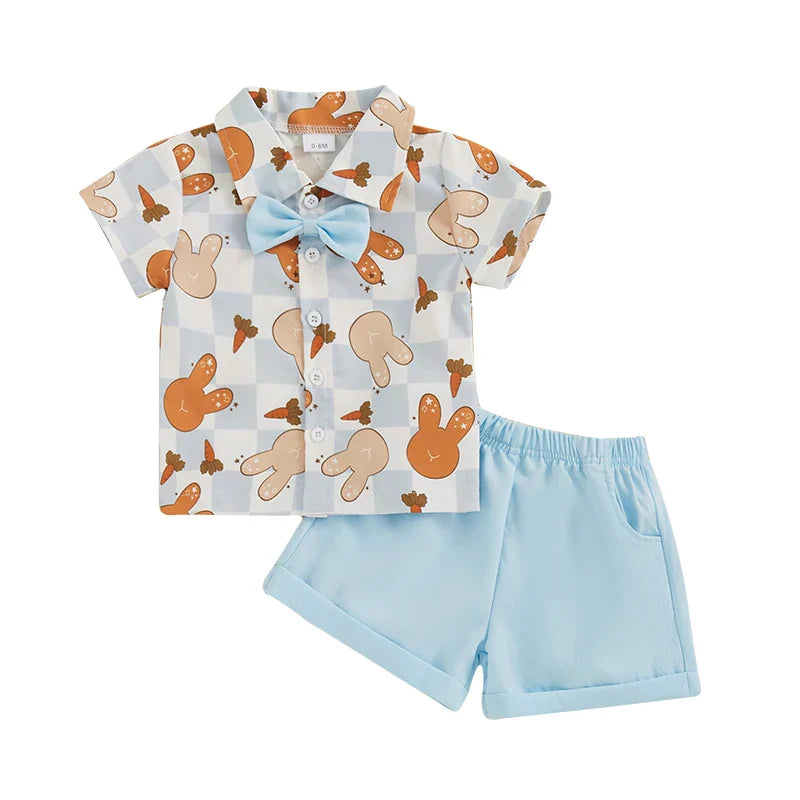 2-teiliges Oster-Outfit für Babys und Kleinkinder, Jungen, kurzärmliges Oberteil mit Knopfleiste und Fliege und einfarbigen Shorts