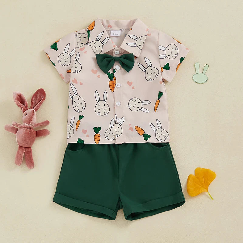 2-teiliges Oster-Outfit für Babys und Kleinkinder, Jungen, kurzärmliges Oberteil mit Knopfleiste und Fliege und einfarbigen Shorts