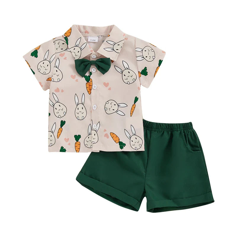 2-teiliges Oster-Outfit für Babys und Kleinkinder, Jungen, kurzärmliges Oberteil mit Knopfleiste und Fliege und einfarbigen Shorts