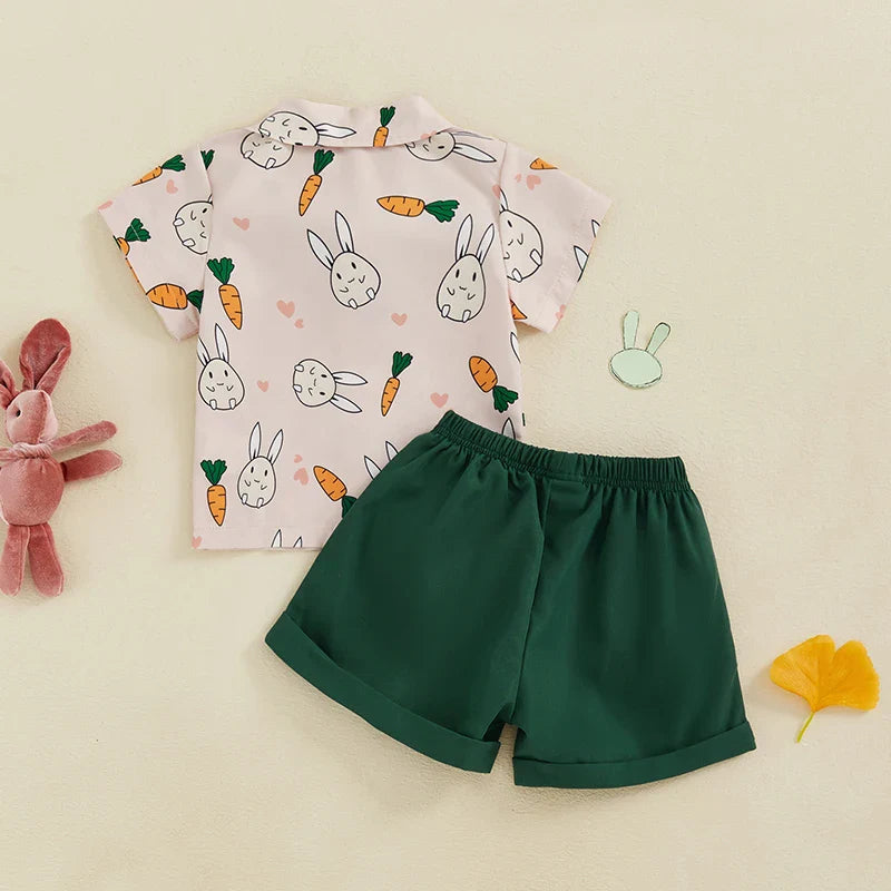 2-teiliges Oster-Outfit für Babys und Kleinkinder, Jungen, kurzärmliges Oberteil mit Knopfleiste und Fliege und einfarbigen Shorts