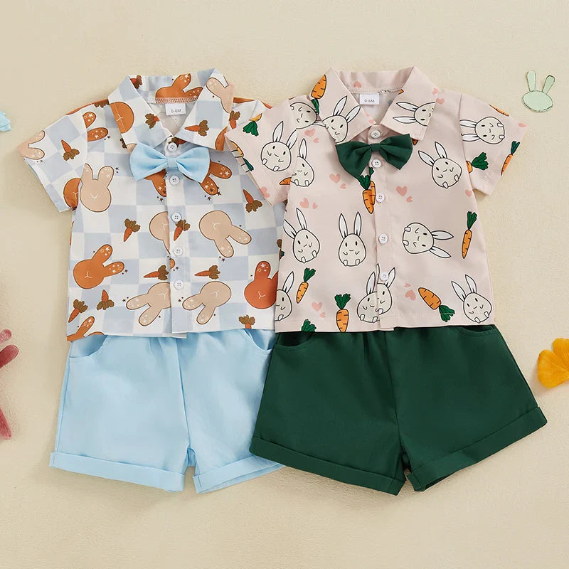 2-teiliges Oster-Outfit für Babys und Kleinkinder, Jungen, kurzärmliges Oberteil mit Knopfleiste und Fliege und einfarbigen Shorts