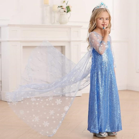 Little Girls Elsa Princess Dress Snow Queen Halloween Costume with Cape Crown Scepter and Wig 3-10 Years