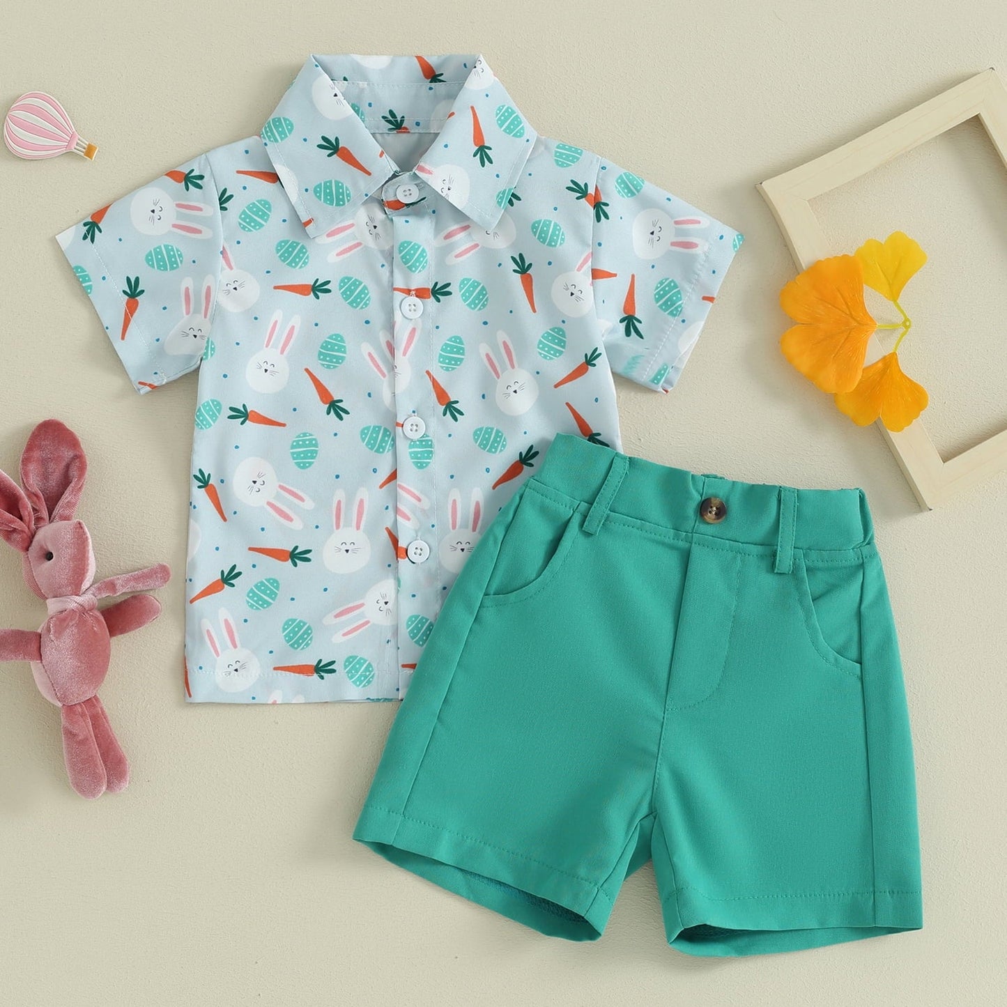 Kleinkind Baby Junge Ostern Outfit Hase Kurzarm Button Down Hemd Top Solide Shorts Sommer Kleidung Set