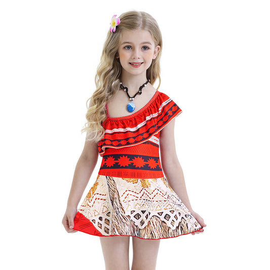 Kids Moana Swimsuits Princess Cosplay Costume Girls Polynesian Dress with Necklace for Halloween Party