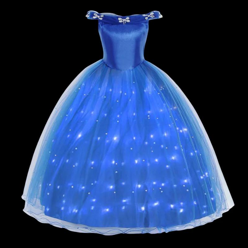 Girls Cinderlla LED Light Up Dress Princess Blue Party Outfit Halloween Cosplay Costume