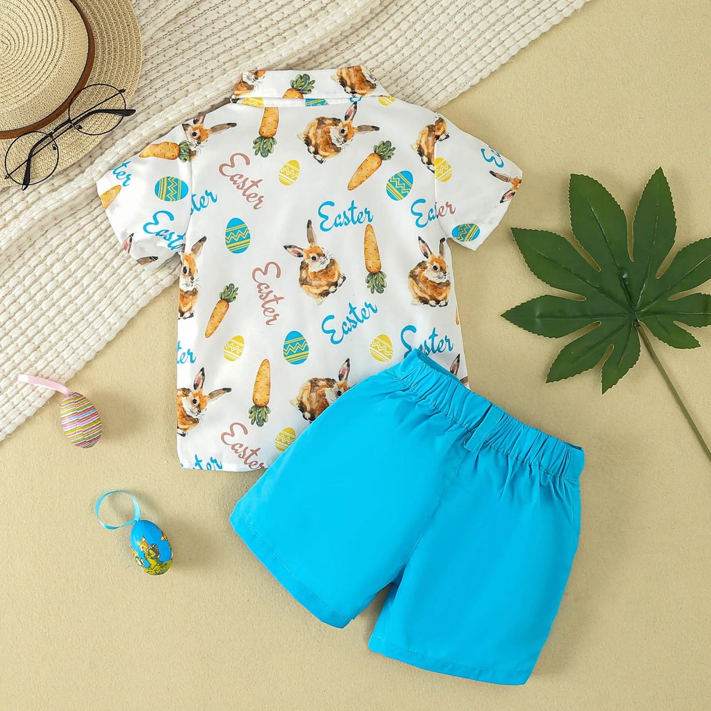 Herbstliches Oster-Outfit für Kleinkinder Jungen – Kurzarm-Bodysuit mit Cartoon-Ei und Häschen, 2-teiliges Set