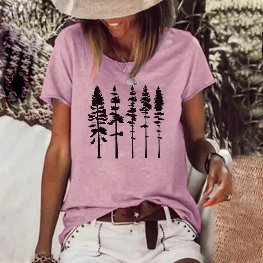 Tree Print Round Neck Short Sleeve Tee