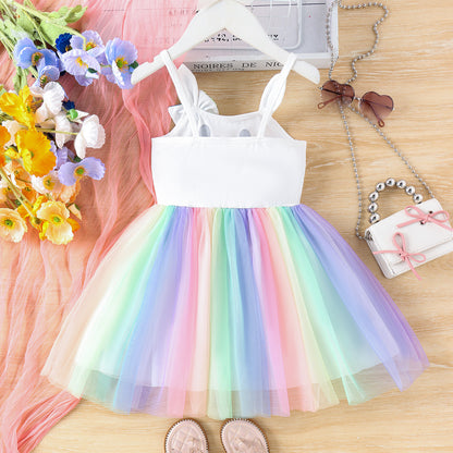 Osterhasen-Prinzessinnenkleid – Mädchen-Sommerkleid mit Spaghettiträgern &amp; Regenbogen-Netz