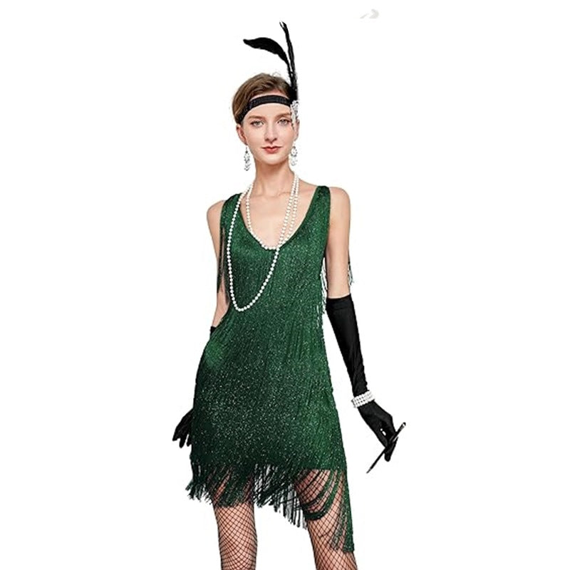 1920er Jahre Vintage Besticktes Quastenkleid V-Ausschnitt Perlen Fransen Great Gatsby Kleid