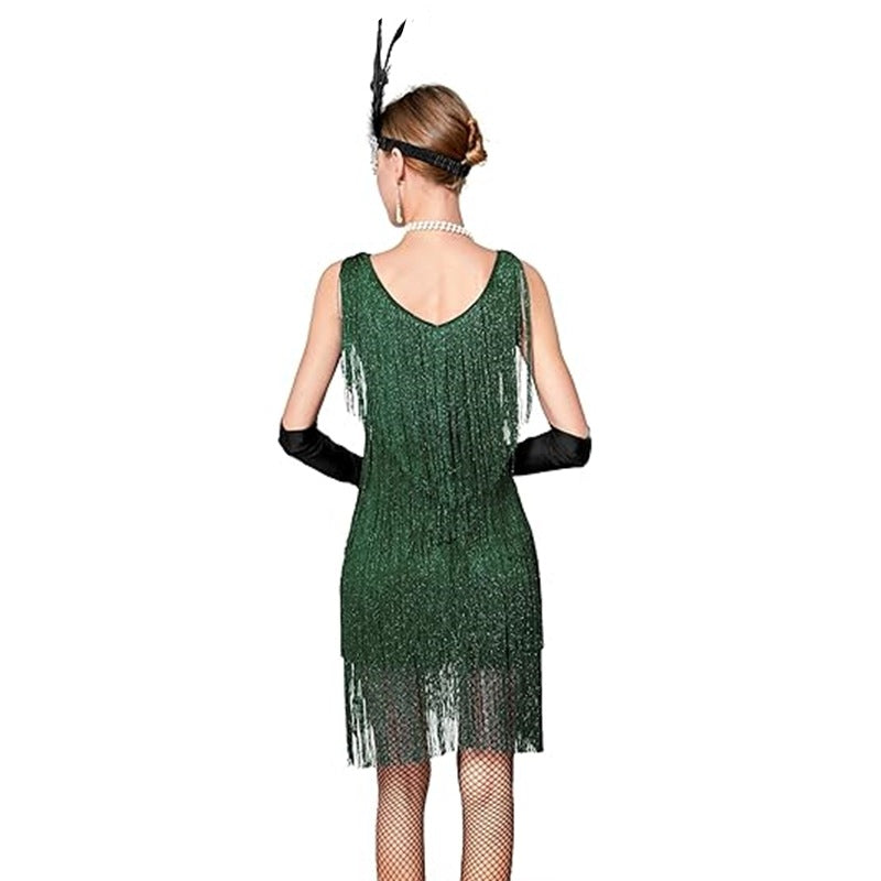 1920er Jahre Vintage Besticktes Quastenkleid V-Ausschnitt Perlen Fransen Great Gatsby Kleid