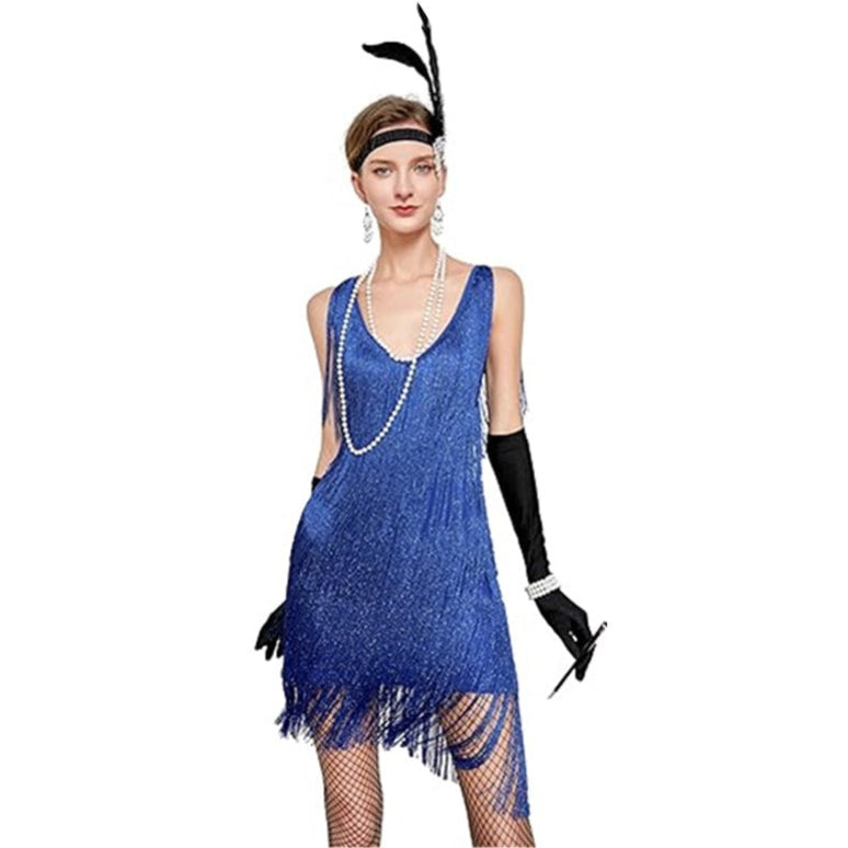 1920er Jahre Vintage Besticktes Quastenkleid V-Ausschnitt Perlen Fransen Great Gatsby Kleid